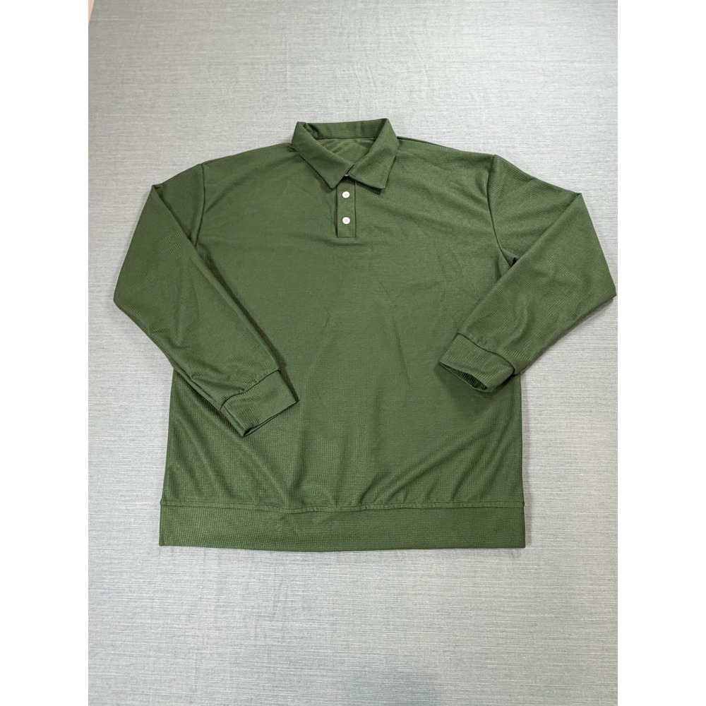 Waffle Knit Long Sleeve Polo Shirt Olive Green Textured Pullover Top Mens Large